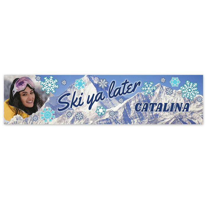 Ski-themed banner with a person wearing goggles and text 'Ski ya later CATALINA' on a snowy mountain background.