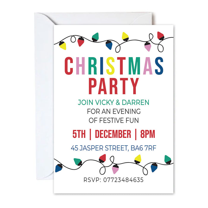 Christmas party invitation with colorful lights and details on a white background