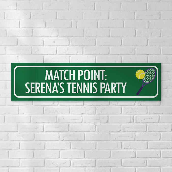 Match Point Tennis Party Banner on White Brick Wall