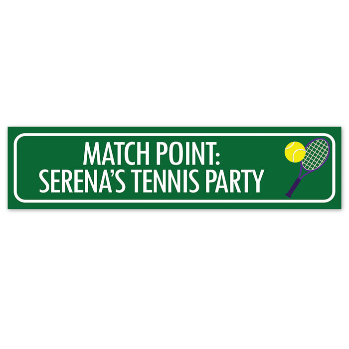 A green and white banner with text 'MATCH POINT: SERENA'S TENNIS PARTY' featuring a graphic of a tennis racket and a ball.