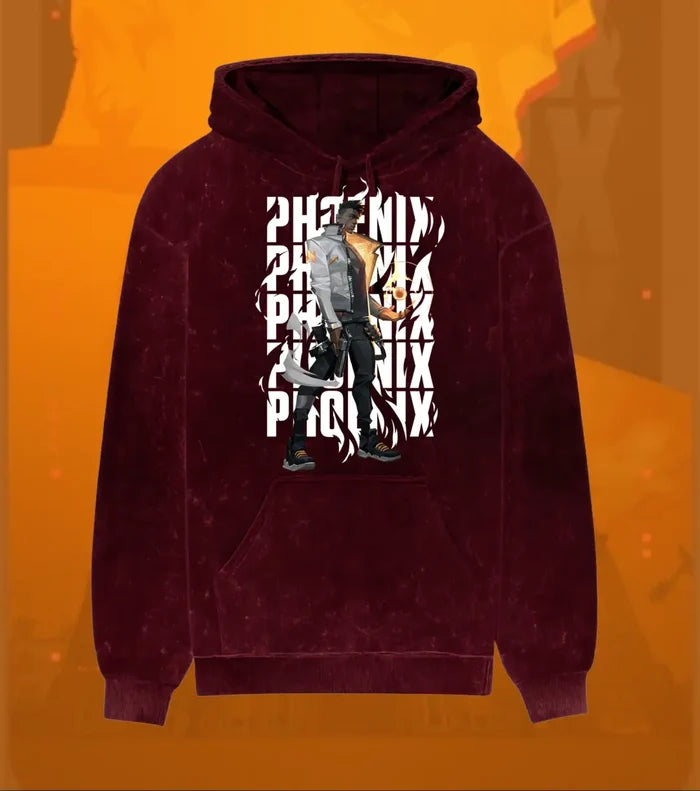 Phoenix – Blazing Rebirth Valorant Acid Wash Hoodie | Premium Gamer Streetwear - Maroon / XS - Valorant