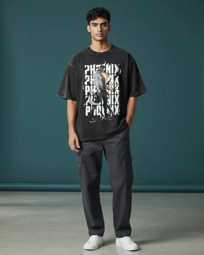 Phoenix – Blazing Rebirth Valorant Acid Wash Tee | Bold Gamer Streetwear - Black / XS - Valorant
