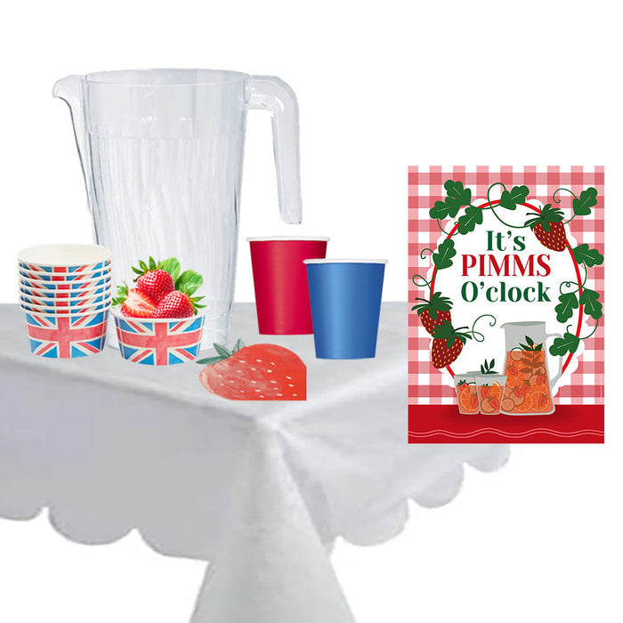 A set of tableware featuring a British Union Jack themed design, including a clear plastic jug, red and blue paper cups, strawberry shaped paper napkins, and a white scalloped paper tablecloth, all displayed with a 'Pimms O'clock' poster.