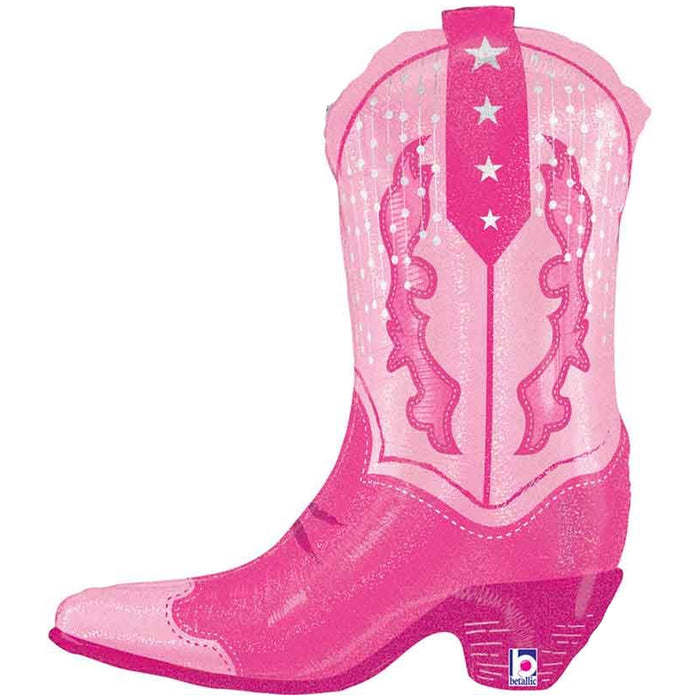 A vibrant pink cowgirl boot-shaped foil balloon with shimmering detail.