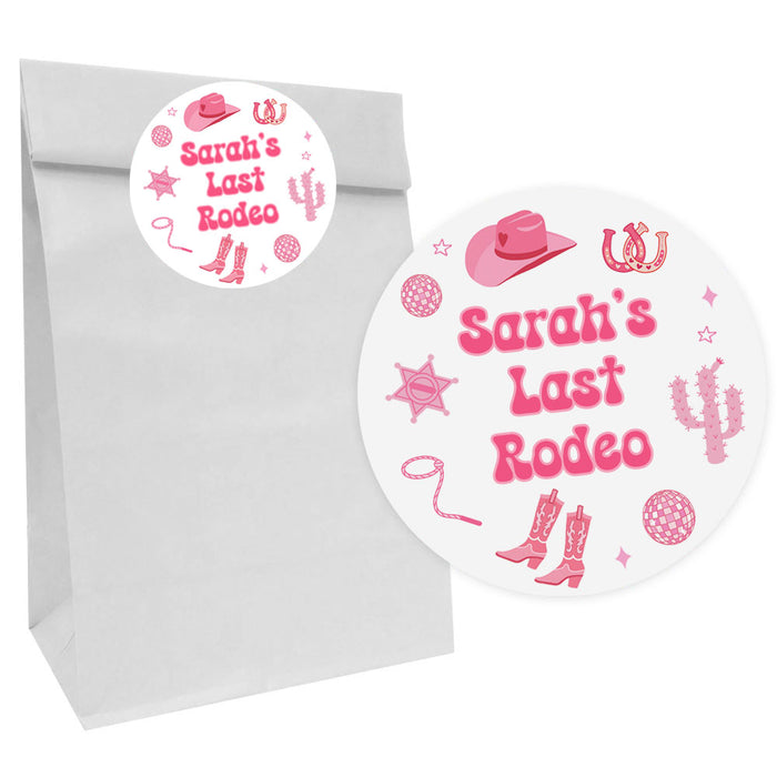 Pink Cowgirl Party Bags with Personalised Round Stickers - Pack of 12