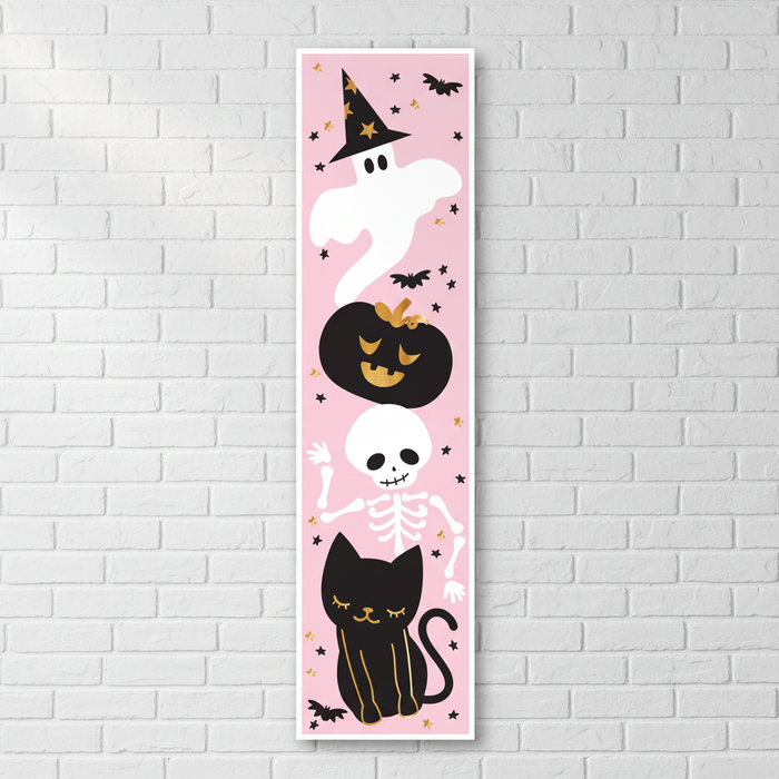 Pink Halloween Vertical Banner on White Brick Wall