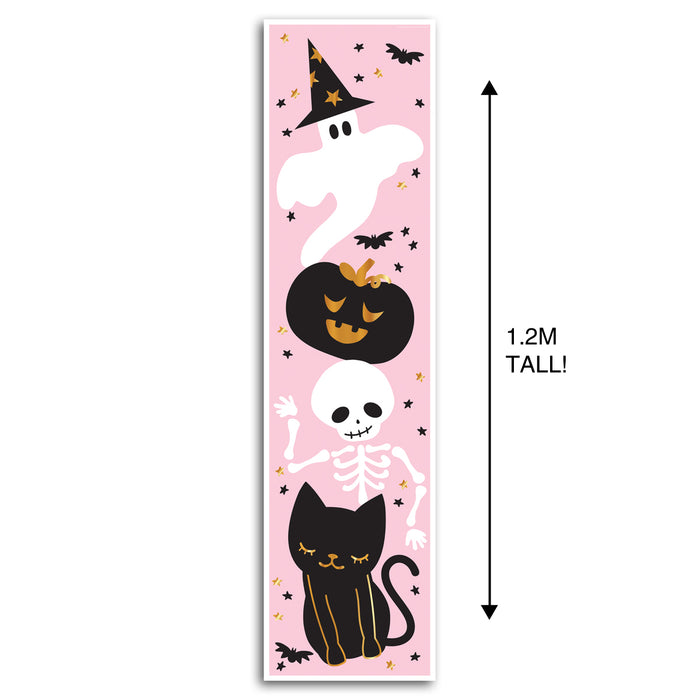 A Halloween-themed banner featuring pink characters such as a ghost, pumpkin, skeleton, and black cat arranged in a vertical layout, measuring 1.2 meters tall.
