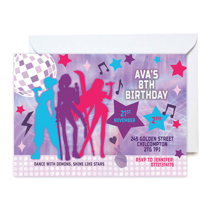 Birthday party invitation with silhouettes of dancers, disco ball, and colorful text on a purple background.