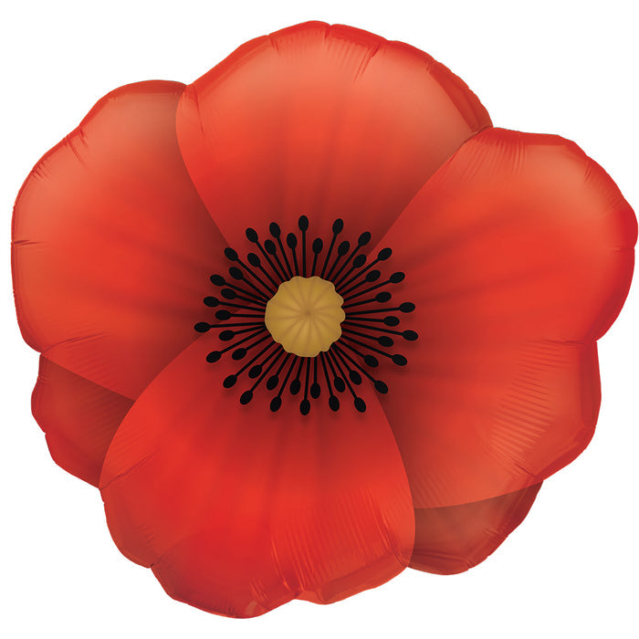A 31-inch round foil balloon with a vibrant red poppy design in the center.