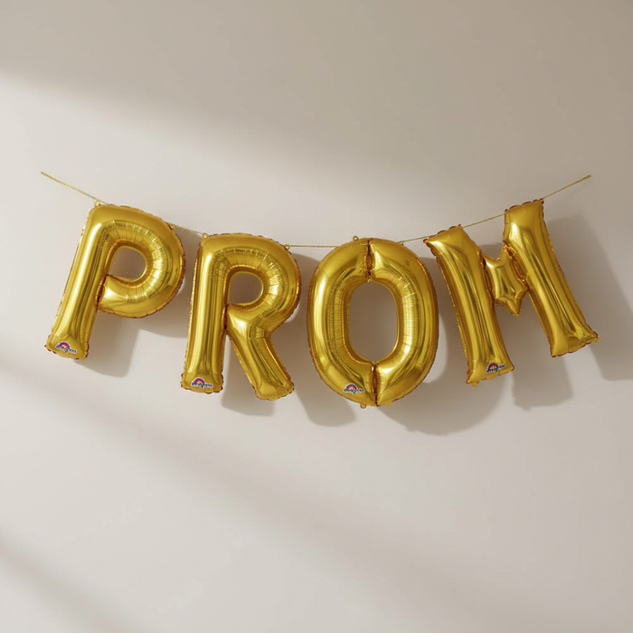PROM Gold Foil Balloons Arched Like Bunting on Wall