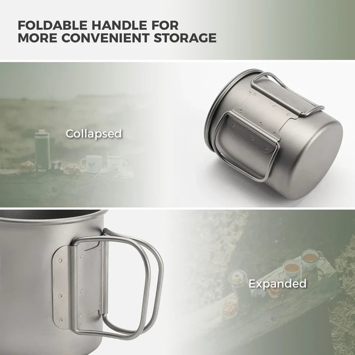 Collapsible mug with foldable handle shown in collapsed and expanded states on a light gray background.