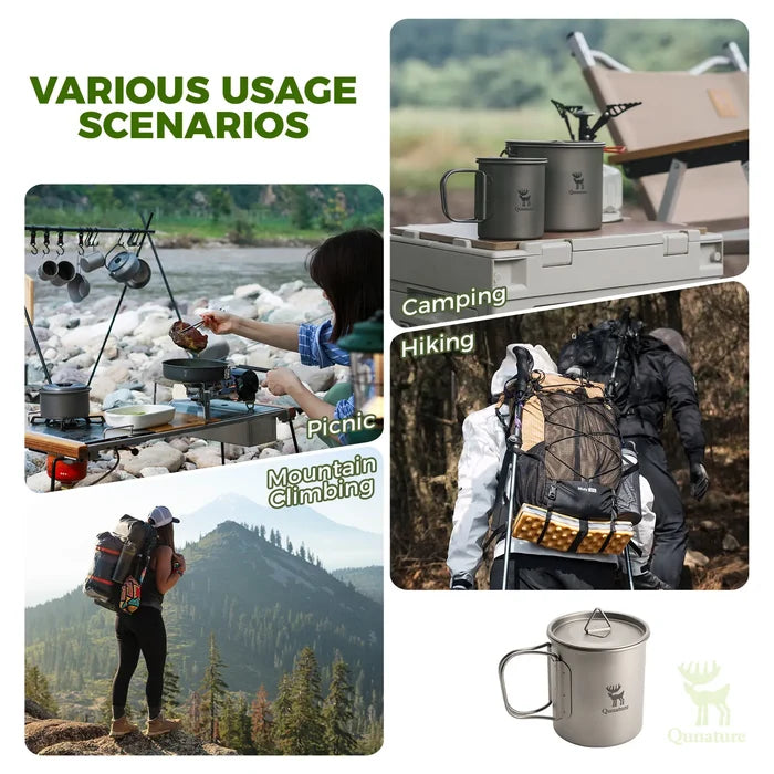 Collage of camping and hiking scenarios with a mug, featuring various usage scenarios including camping, hiking, and mountain climbing.