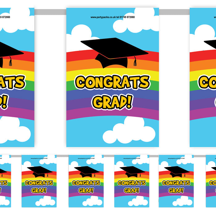 A paper bunting with a rainbow background, graduation caps, and the text 'CONGRATS GRAD!' printed in colorful letters.