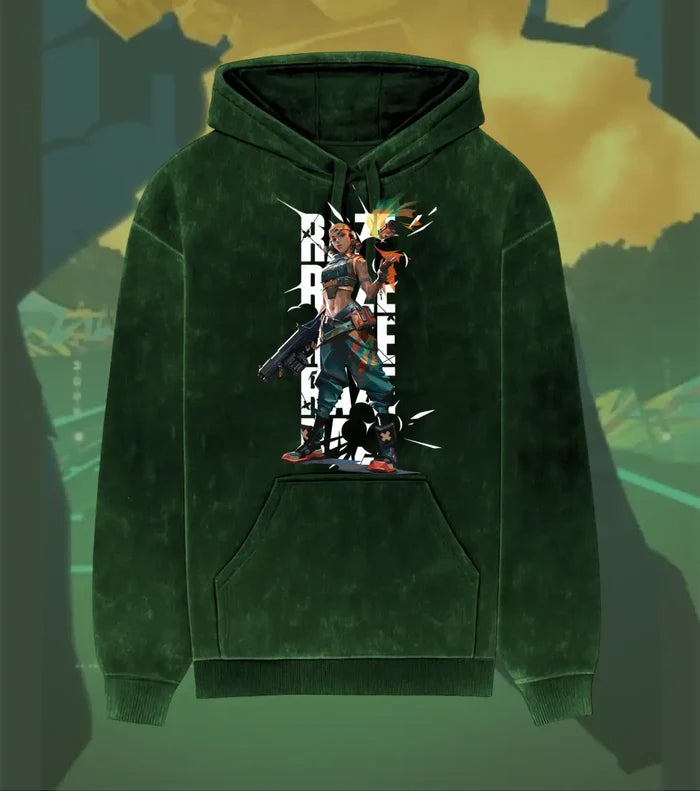 Raze – Blast Artist Valorant Acid Wash Hoodie | Premium Gamer Streetwear - Bottle Green / XS - Valorant