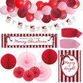 Collection of Christmas-themed party decorations including balloons, banners, and paper fans on a white background.