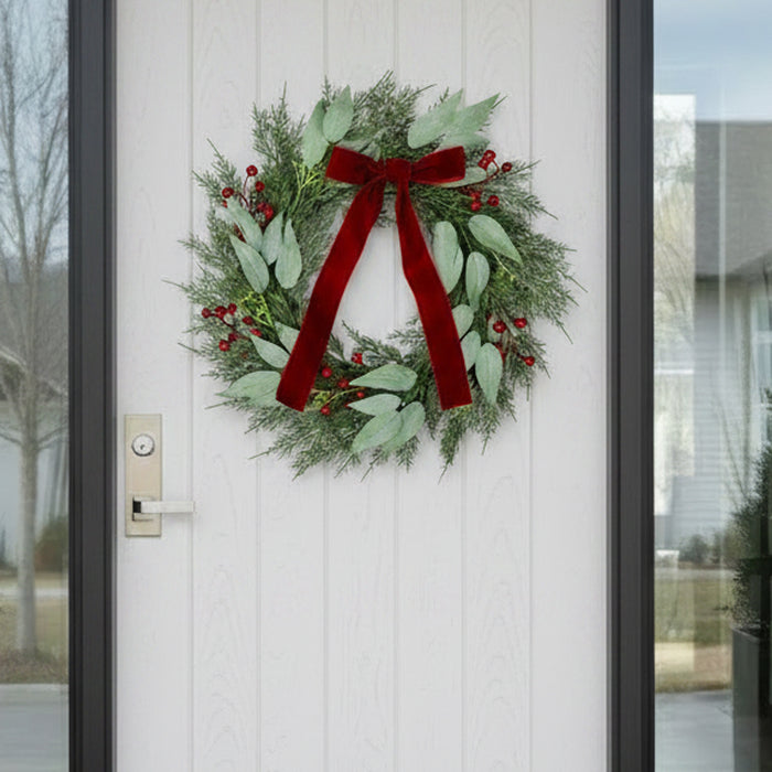 Red Berry Christmas Wreath With Red Velvet Bow - 50cm