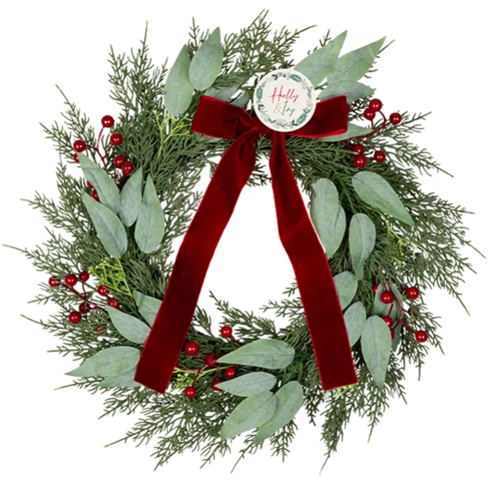 Red Berry Christmas Wreath With Red Velvet Bow - 50cm
