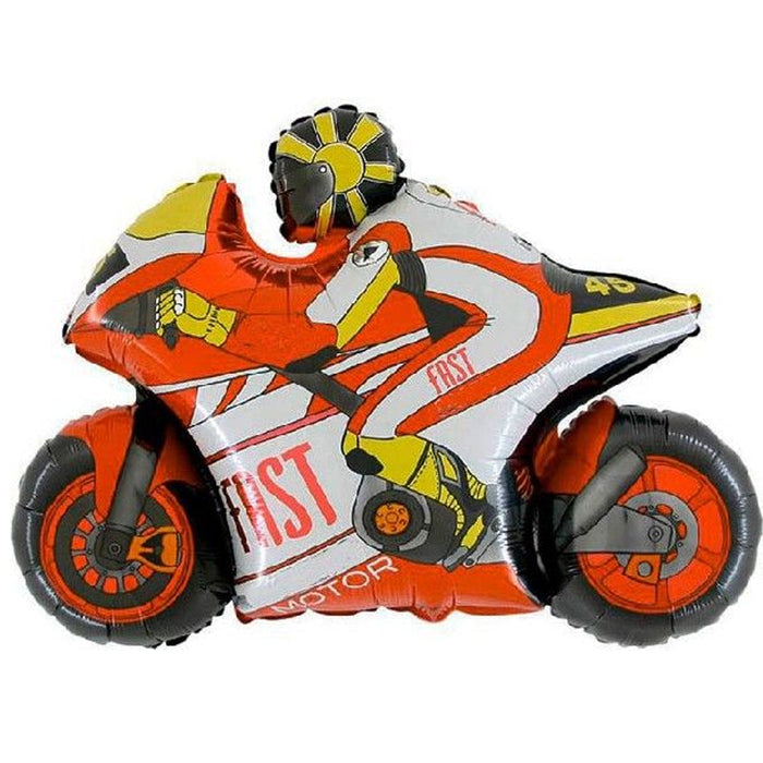 Balloon shaped like a motorcycle with racing design on a white background
