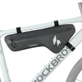 Black bike frame bag with brand logo on a white background