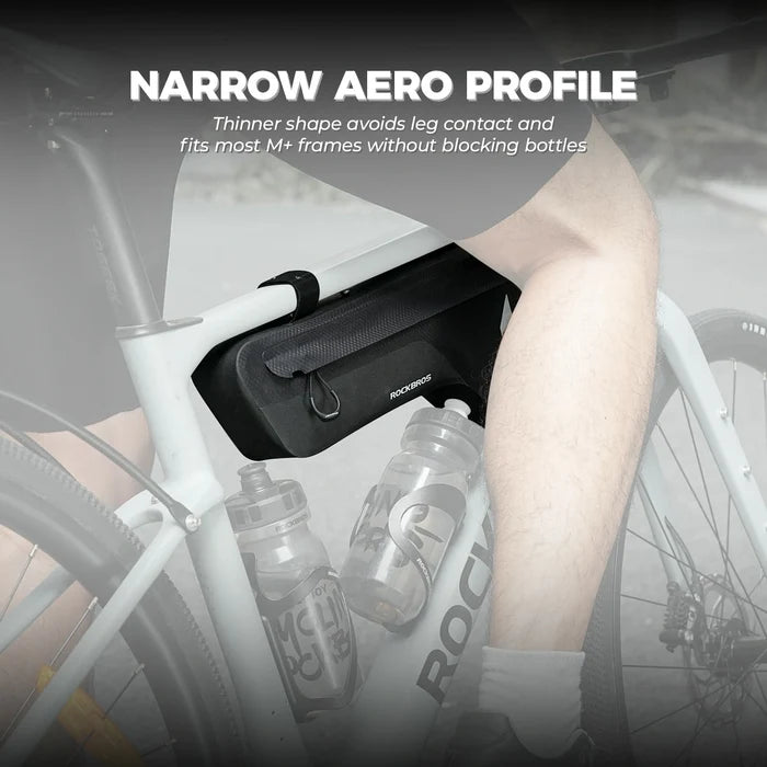 Black bike frame bag with brand logo on a white background