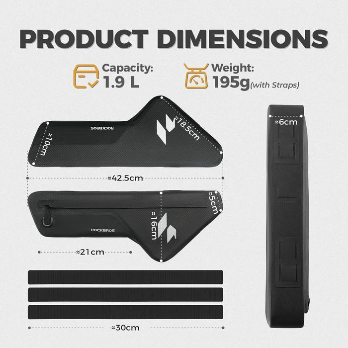 Black bike frame bag with brand logo on a white background