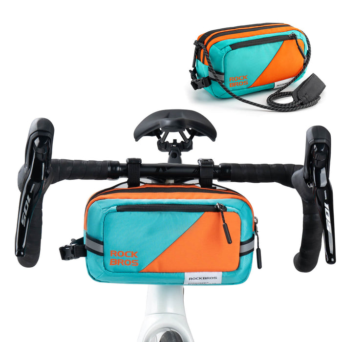 ROCKBROS bike handlebar bag with shoulder strap, versatile design, 2.5L capacity, waterproof and practical for cycling.