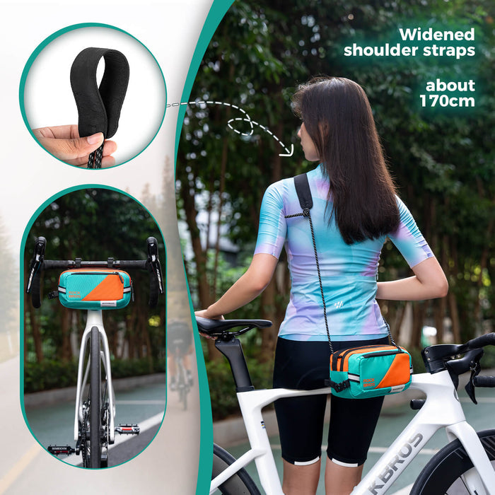 ROCKBROS bike handlebar bag with shoulder strap, versatile design, 2.5L capacity, waterproof and practical for cycling.