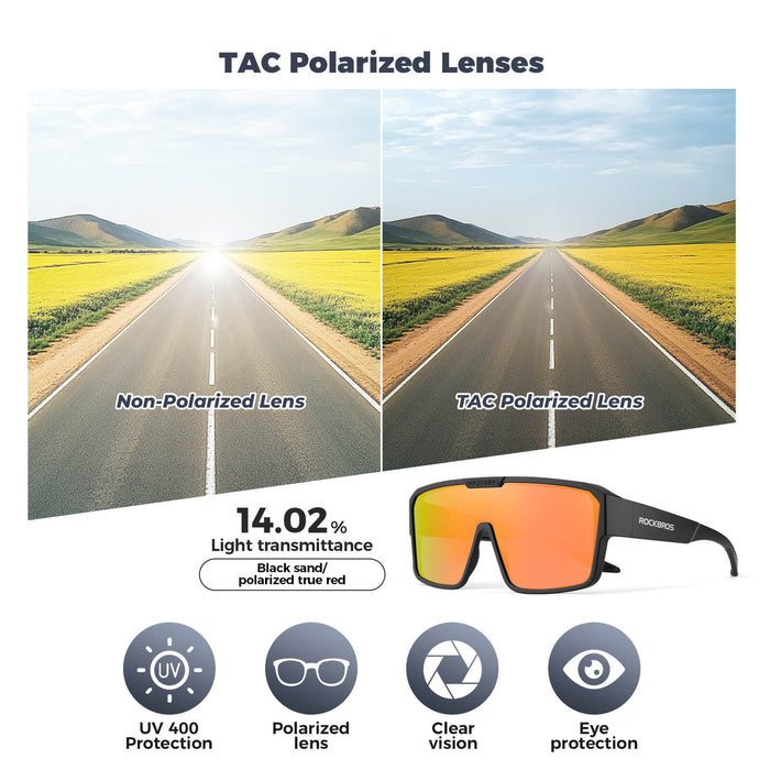 ROCKBROS SP348 polarised cycling sunglasses designed to fit over prescription glasses, UV400 protection and windproof design. #Color_Amber Orange