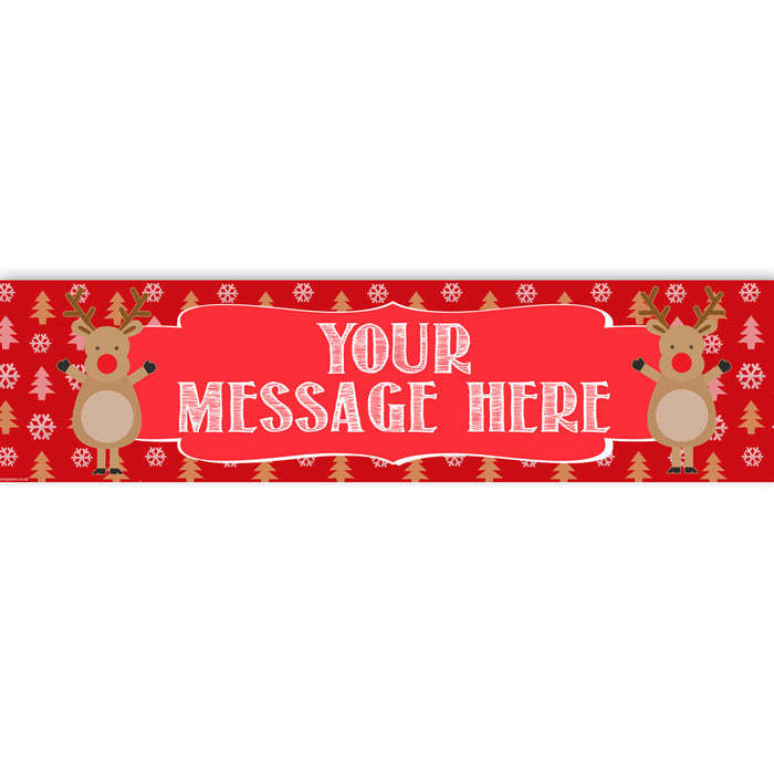 A red personalized Christmas banner with reindeer and snowflakes, with a space for a custom message