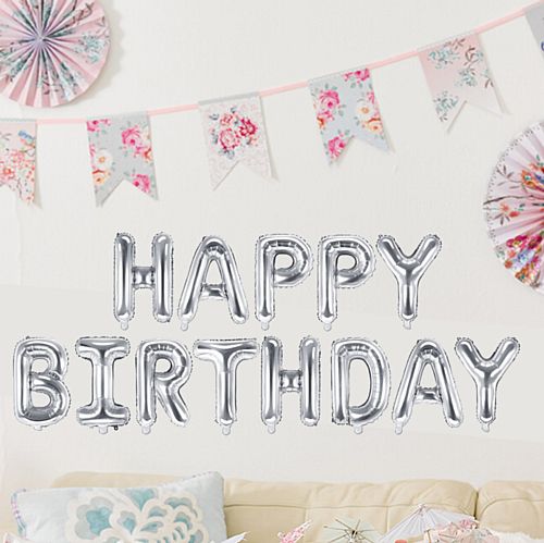 Silver Happy Birthday Foil Balloon Bunting - 3.4m