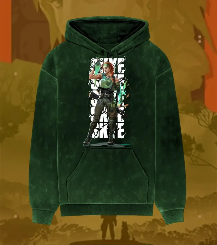 Skye – Nature’s Resolve Valorant Acid Wash Hoodie | Premium Gamer Streetwear - Bottle Green / XS - Valorant