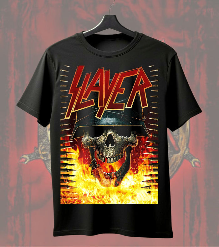 Slayer Inferno Skull T-Shirt | Heavy Metal Music Graphic Tee | Front & Dual Print