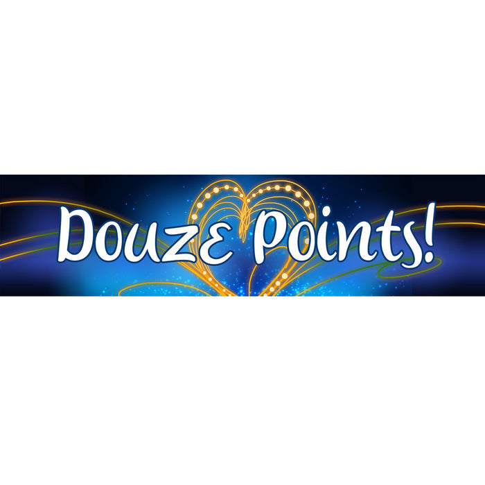 A paper banner with a blue background featuring gold and white text that reads 'Douze Points!' along with decorative elements such as hearts and stars.