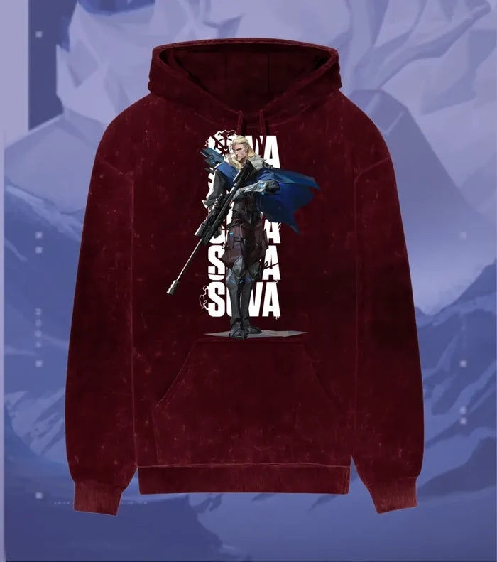 Sova – Hunter’s Focus Valorant Acid Wash Hoodie | Premium Gamer Streetwear - Maroon / XS - Valorant