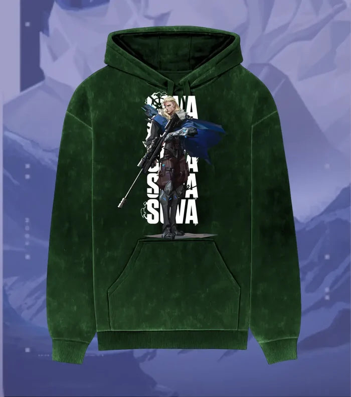 Sova – Hunter’s Focus Valorant Acid Wash Hoodie | Premium Gamer Streetwear - Bottle Green / XS - Valorant