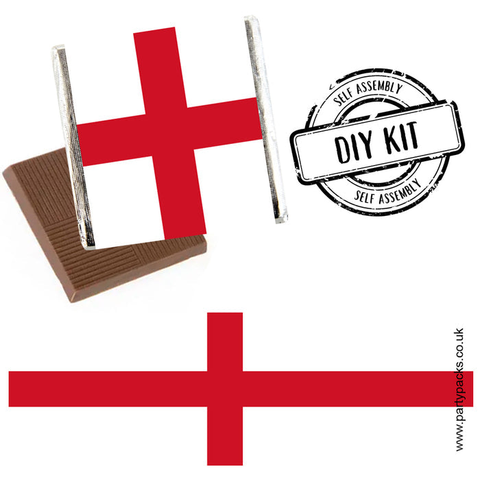 The image shows a collection of flat, square milk chocolates with red and white St. George's Cross labels, indicating a theme for England celebrations.