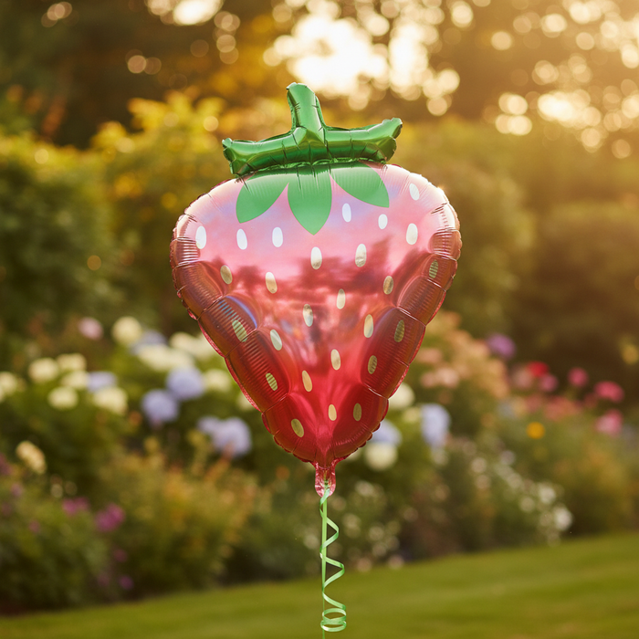 Iridescent Strawberry Foil Balloon with Ribbon and Garden Background