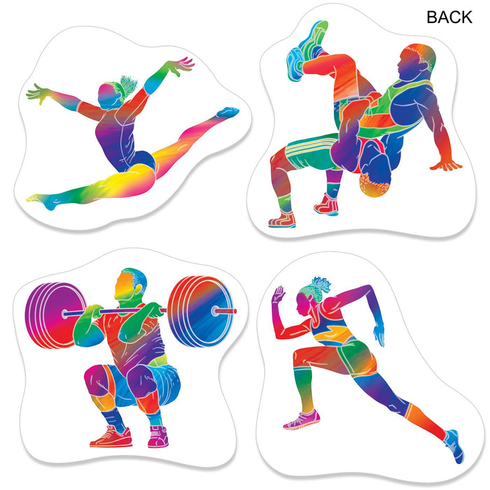 Colorful silhouette stickers of athletes on a white background