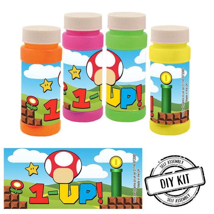 A set of bubble bottles designed with Super Mario Bros. theme, including variations in color with '1-UP' and Mario character graphics.