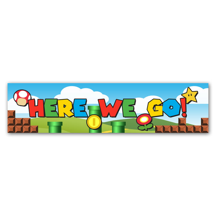 A colorful banner with the text 'HERE WE GO!' styled after the Super Mario video game, featuring iconic characters and elements from the game.