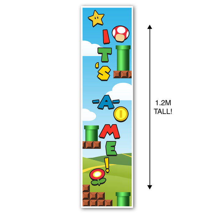 A portrait banner with a design inspired by the Super Mario video game, featuring characters and elements such as Mario, Luigi, and various game icons against a green and blue background.