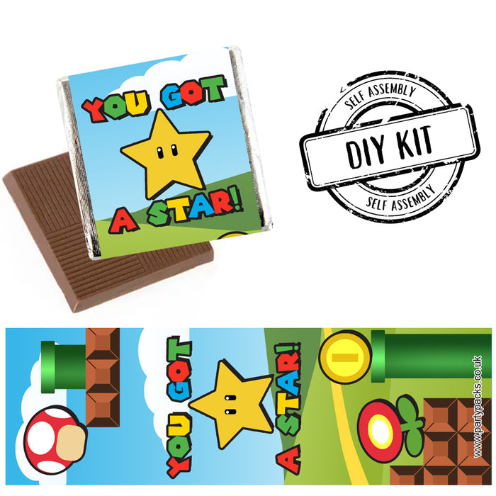 Packaging for Super Plumber Bros Square Chocolates showing a chocolate bar with a sticker that has the text 'You Got A Star!' with a yellow star and green background, indicative of the Super Mario theme.