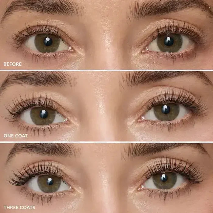 Comparison of eyelashes before, after one coat, and after three coats of mascara.