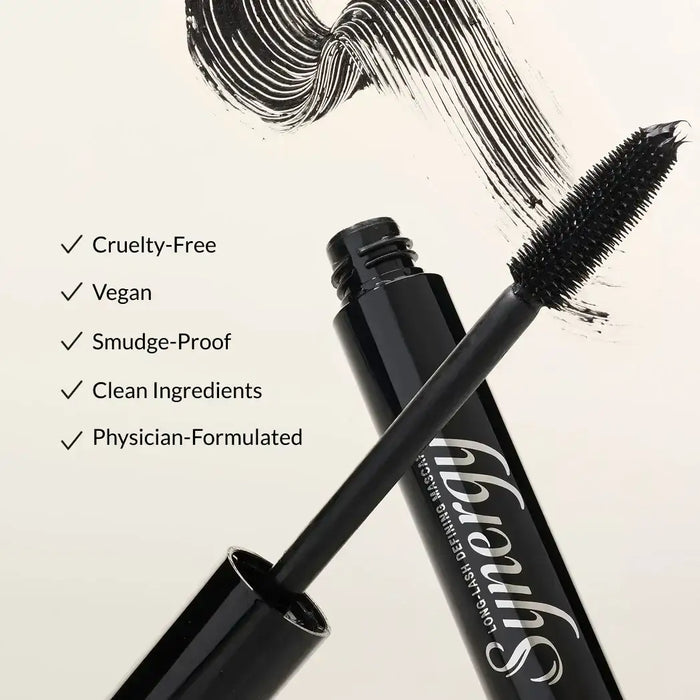 Synergy long-lash defining mascara with brush, black swatches, and vegan, cruelty-free claims.