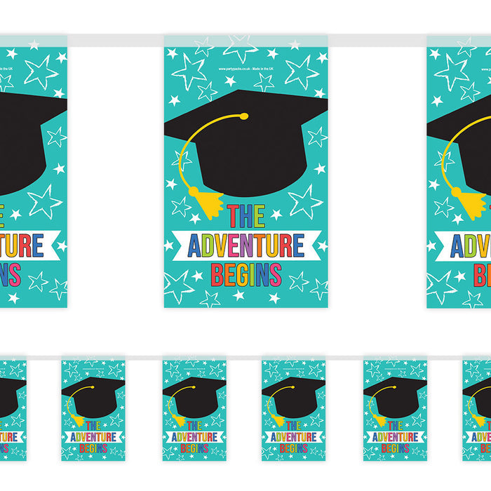 Graduation-themed banner with caps and 'The Adventure Begins' text on a blue background.