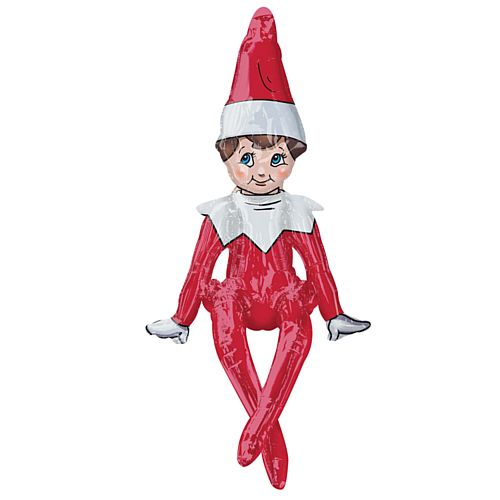 A 3D foil balloon designed to look like the character 'Elf on the Shelf', wearing a red and white outfit, sitting upright.