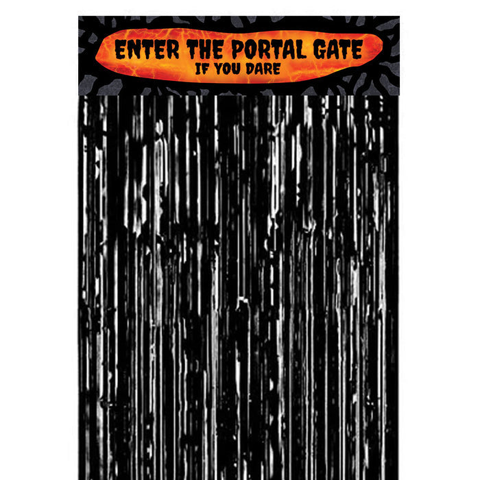 Black tinsel curtain with orange text 'Enter the Portal Gate If You Dare' on a white background
