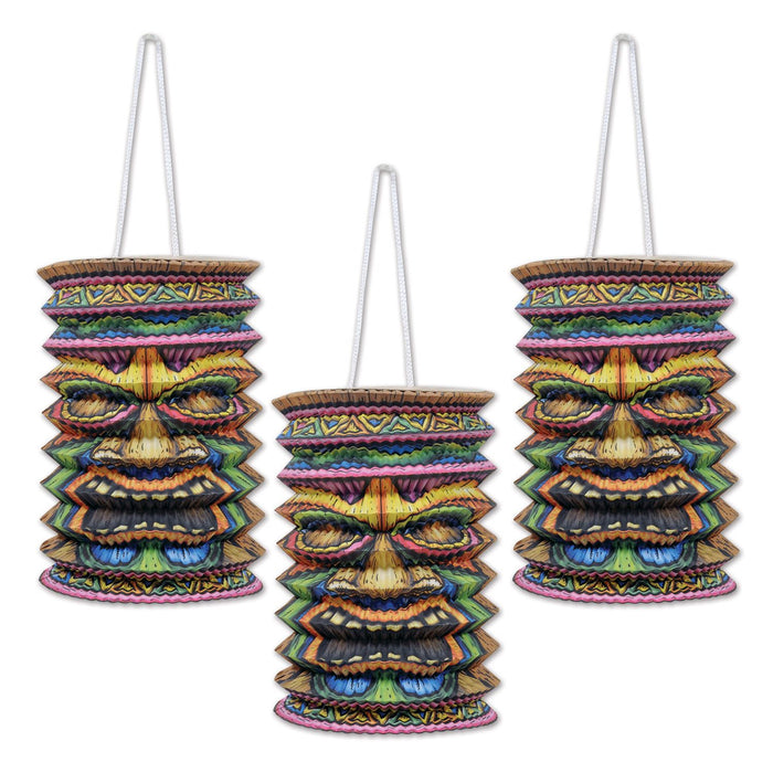 Three colorful paper hanging lanterns with Tiki designs, suitable for adding a tropical theme to an event.