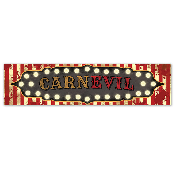 Decorative sign with 'CARNEVIL' text on a striped background