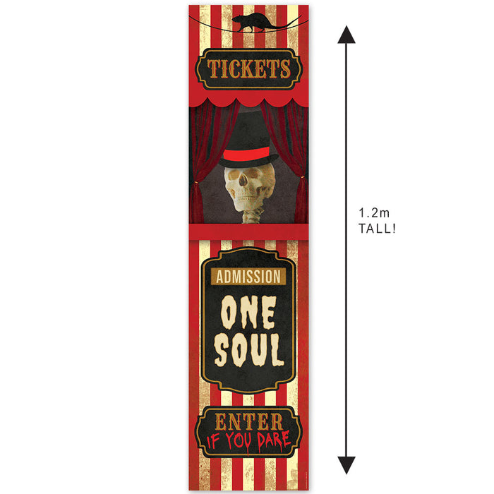 Halloween-themed ticket booth with skull and text on a striped background